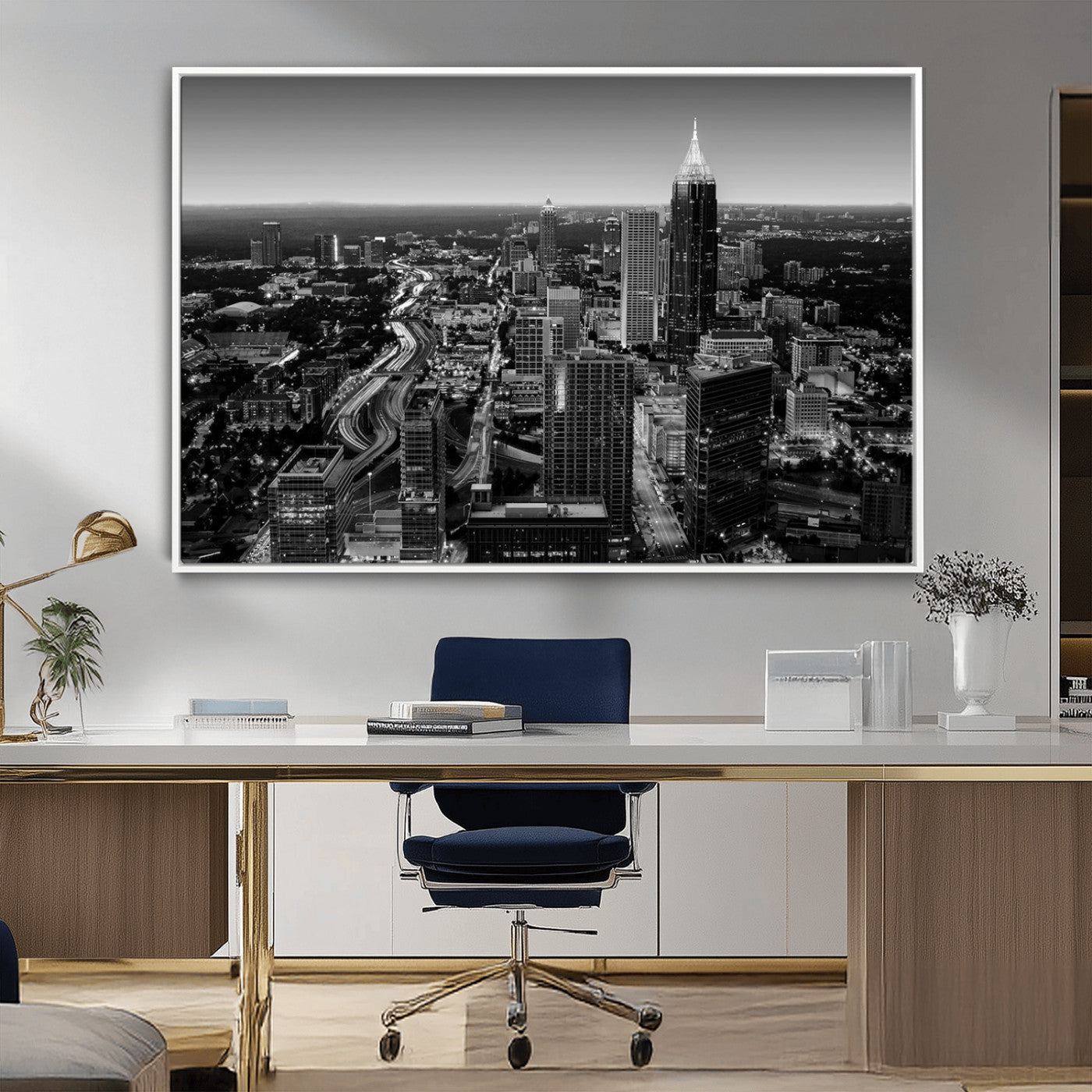 46578567-MGV-CV-36X24-Atlanta Skyline Wall Art – Black and White Cityscape Canvas Print, Modern Urban Night Decor for Office, Living Room, or Apartment