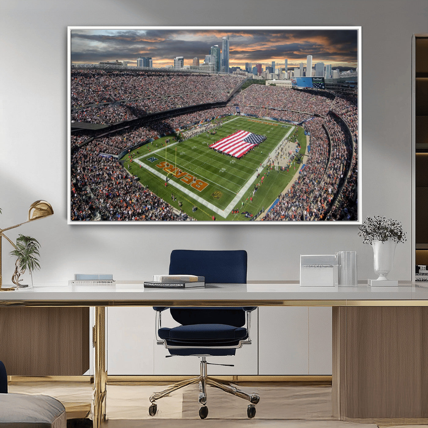 98106777-MGV-FC-36X24_White-Soldier Field Wall Art – Chicago Bears Stadium Canvas Print with American Flag, Game Day Football Decor for Man Cave, Bar, or