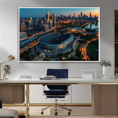 36690345-MGV-FC-36X24_White-Soldier Field Wall Art – Chicago Bears Stadium Aerial Night Canvas Print, City Skyline Football Decor for Living Room, Office, or