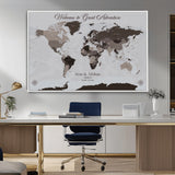 43749658-MGV-FC-36X24_White-Welcome to Great Adventure World Map Wall Art – Charcoal Gray Canvas Print, Rustic Travel Decor for Living Room, Study, Office or
