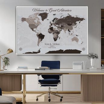 43749658-MGV-FC-36X24_White-Welcome to Great Adventure World Map Wall Art – Charcoal Gray Canvas Print, Rustic Travel Decor for Living Room, Study, Office or