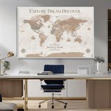 63516865-MGV-FC-36X24_White-Explore Dream Discover World Map Wall Art – Inspirational Travel Adventure Canvas Print, Neutral Parchment Style Explorer Decor