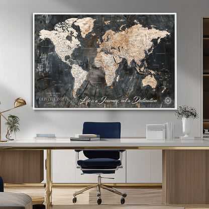 37848568-MGV-CV-36X24-Life is a Journey Not a Destination World Map Rustic Wood Texture Vintage Beige Navy Adventure Wall Art Canvas Print for Home
