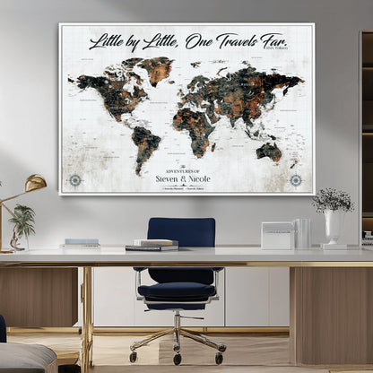 88337180-MGV-CV-36X24-Little by Little One Travels Far Tolkien Quote World Map Rustic Black Brown Adventure Wall Art Canvas Print for Home Office Living