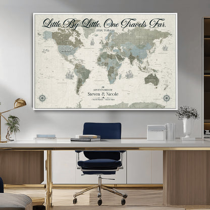 10693204-MGV-FC-36X24_White-Little By Little One Travels Far Tolkien Quote Blue Green World Map Adventure Wall Art Canvas Print Rustic Wanderlust Travel Decor