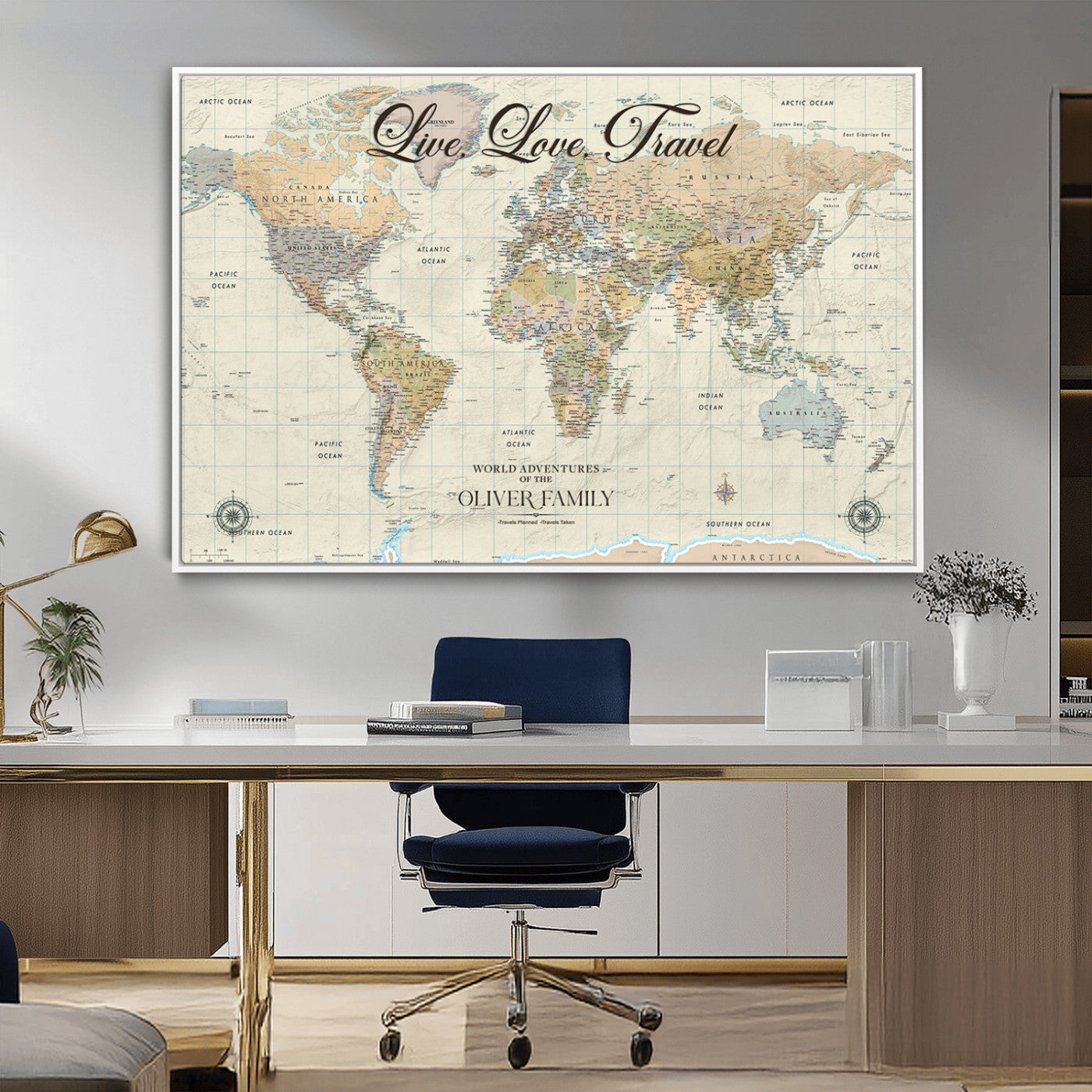 19479008-MGV-CV-36X24-Live Love Travel Wall Art – Detailed World Map Canvas Print, Adventure Decor for Living Room, Office or Bedroom, Travel Gift for