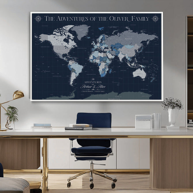 51883114-MGV-CV-36X24-Personalized World Map Wall Art – Elegant Navy Blue & Grey Travel Map with Custom Family Name, Modern Adventure Wall Decor