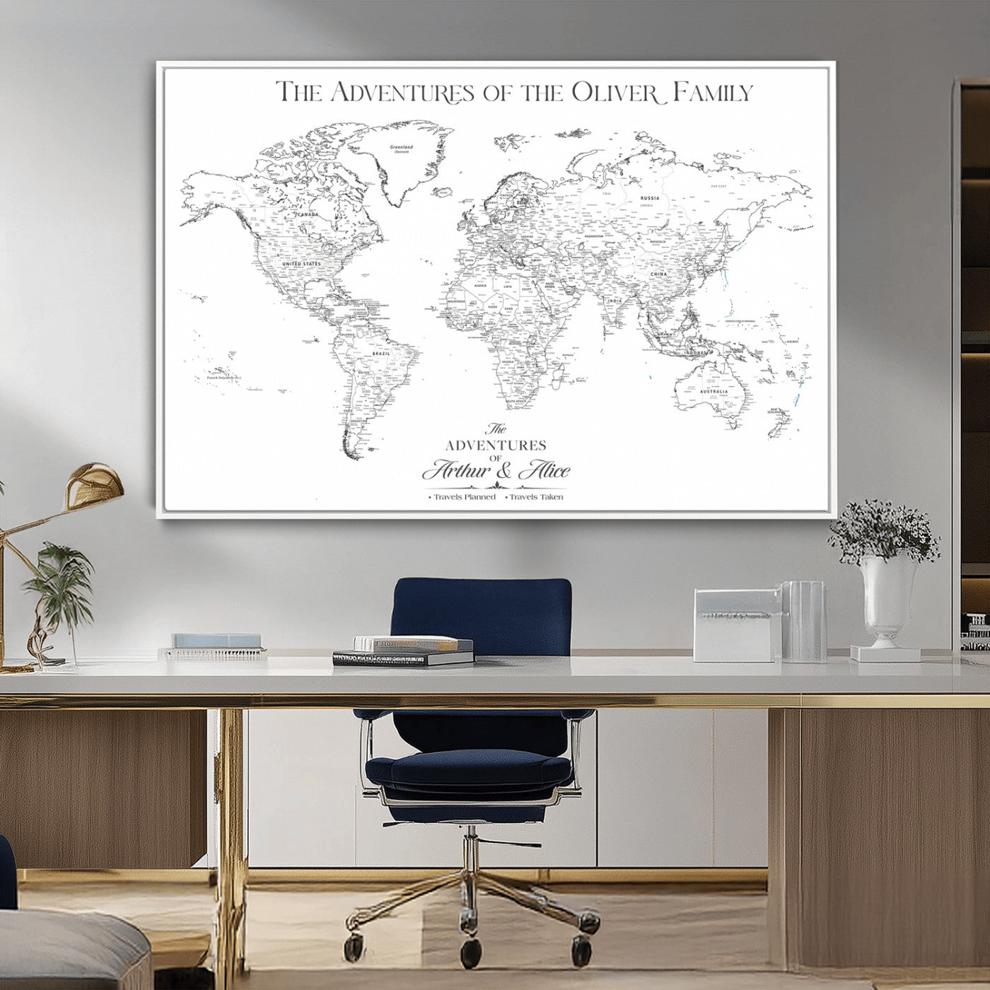 21029247-MGV-FC-36X24_White-Minimalist World Map Wall Art – Black and White Travel Adventure Print, Modern Family Travel Map Decor for Living Room, Bedroom,