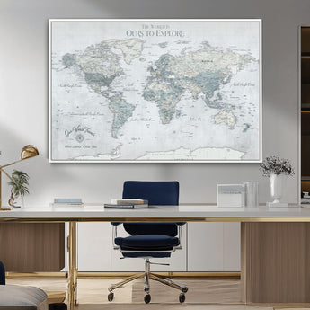 94249974-MGV-CV-36X24-Ours Explore World Map Wall Art – Modern Travel Canvas Print, Neutral Adventure Decor for Living Room, Office, Study, Bedroom,