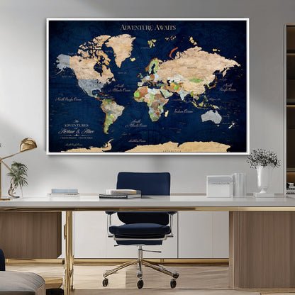 43160428-MGV-CV-36X24-Adventure Awaits Navy Blue World Map – Vibrant Travel Canvas Wall Art, Antique Atlas Print, Wanderlust Decor for Home Office
