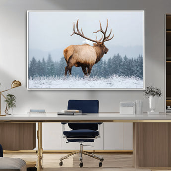 85177251-MGV-CV-36X24-Elk Wall Art – Majestic Wildlife Canvas Print of Bull Elk Snowy Forest, Rustic Nature Decor for Living Room, Cabin, or Office