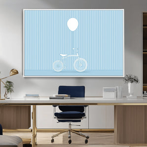 56479838-MGV-CV-36X24-Bicycle Wall Art – Minimalist Blue Canvas Print with Balloon Illustration, Modern Decor Artwork for Kids Room, Nursery, or Living