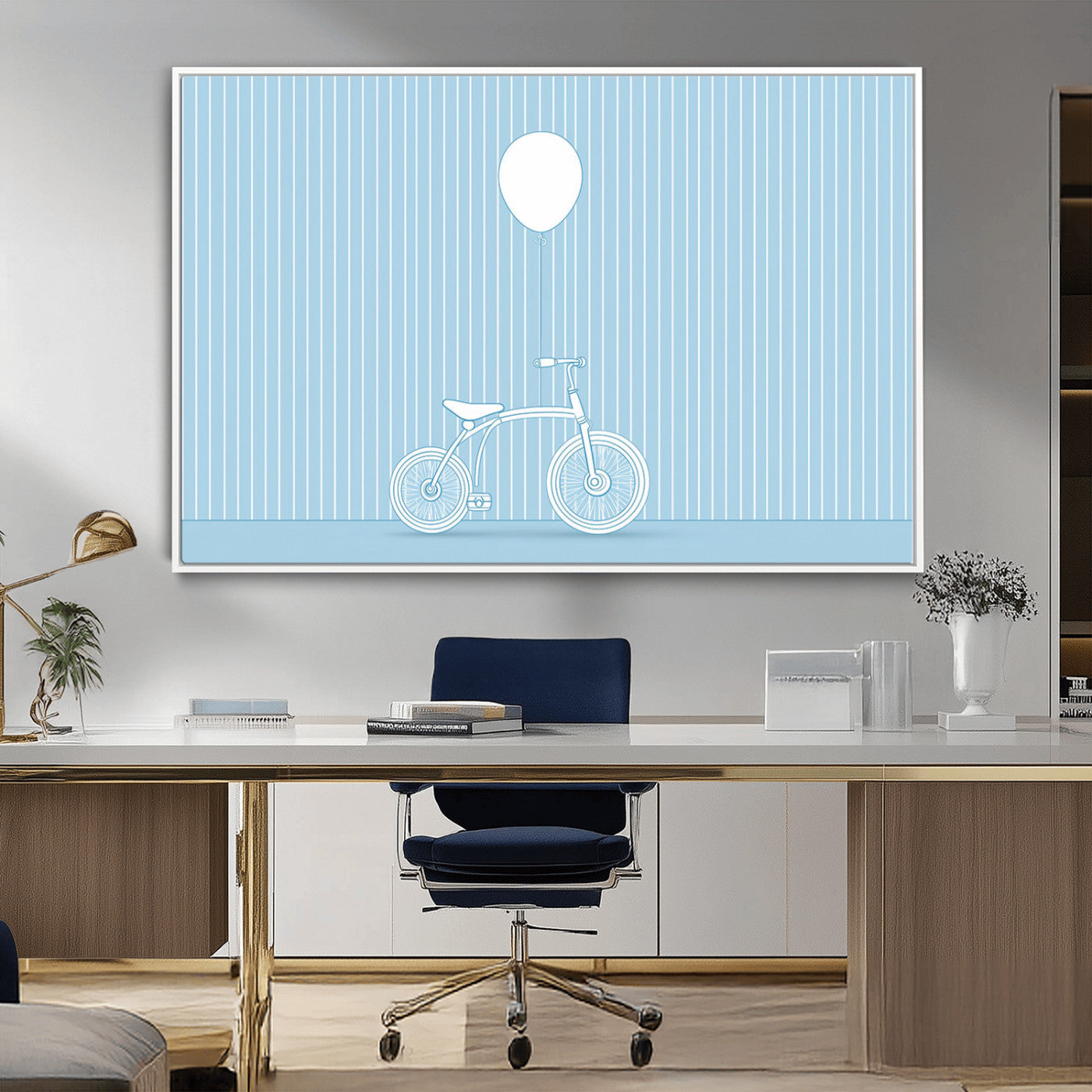 56479838-MGV-CV-36X24-Bicycle Wall Art – Minimalist Blue Canvas Print with Balloon Illustration, Modern Decor Artwork for Kids Room, Nursery, or Living