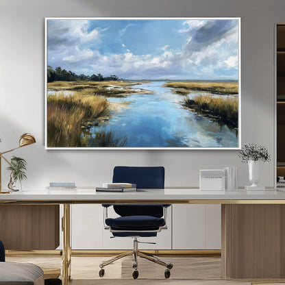 87082041-MGV-CV-36X24-Marshland Landscape Wall Art – Serene Nature Canvas Print with Blue Sky and Reflections, Tranquil Scenic Painting for Living Room,