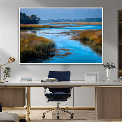 26300004-MGV-CV-36X24-Tranquil Marshland Canvas Wall Art – Blue Water, Reflective Sky, Golden Grasses, Calm Nature Landscape, Scenic Outdoor Beauty for