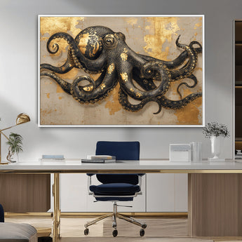57944271-MGV-CV-36X24-Octopus Wall Art – Black and Gold Nautical Canvas Print, Modern Ocean Inspired Artwork with Elegant Detailing, Coastal Marine