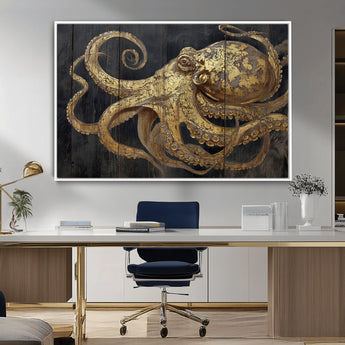 47056538-MGV-CV-36X24-Octopus Canvas Wall Art – Gold Detail, Wooden Texture, Marine Life, Ocean Creature Tentacles, Nautical Coastal Rustic Decor for