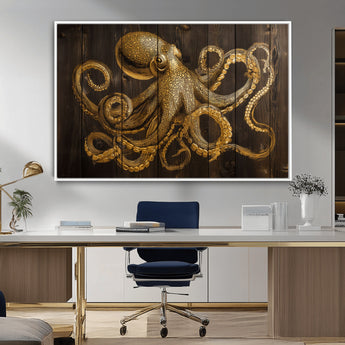 56769669-MGV-CV-36X24-Octopus Wall Art – Gold Nautical Canvas Print with Rustic Wood Panel Design, Detailed Marine Artwork for Coastal Ocean Decoration