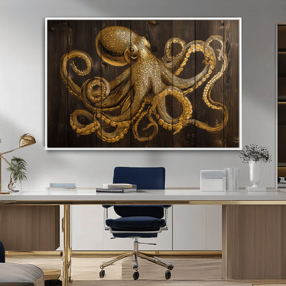 56769669-MGV-CV-36X24-Octopus Wall Art – Gold Nautical Canvas Print with Rustic Wood Panel Design, Detailed Marine Artwork for Coastal Ocean Decoration