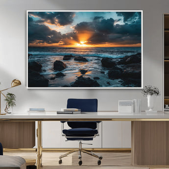 66040852-MGV-CV-36X24-Ocean Sunset Canvas Wall Art – Rocky Shore Waves, Dramatic Clouds, Golden Sun Rays, Coastal Nature, Serene Water Reflection for