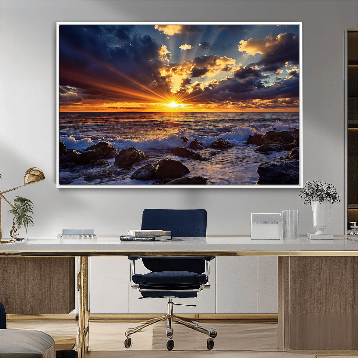 35900590-MGV-CV-36X24-Sunset Ocean Waves Canvas Wall Art – Rocky Shore, Dramatic Sky, Golden Sun Rays, Coastal Beauty, Serene Water Motion for Living
