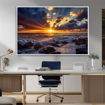 35900590-MGV-CV-36X24-Ocean Sunset Wall Art – Vivid Seascape Canvas Print with Sunburst Sky, Crashing Waves and Rocky Shore, Dramatic Coastal