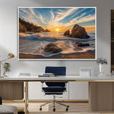 85659923-MGV-CV-36X24-Rocky Ocean Sunset Canvas Wall Art – Seaside Dramatic Seascape Print, Coastal Modern Decor, Ocean Sunset Art for Living Room or