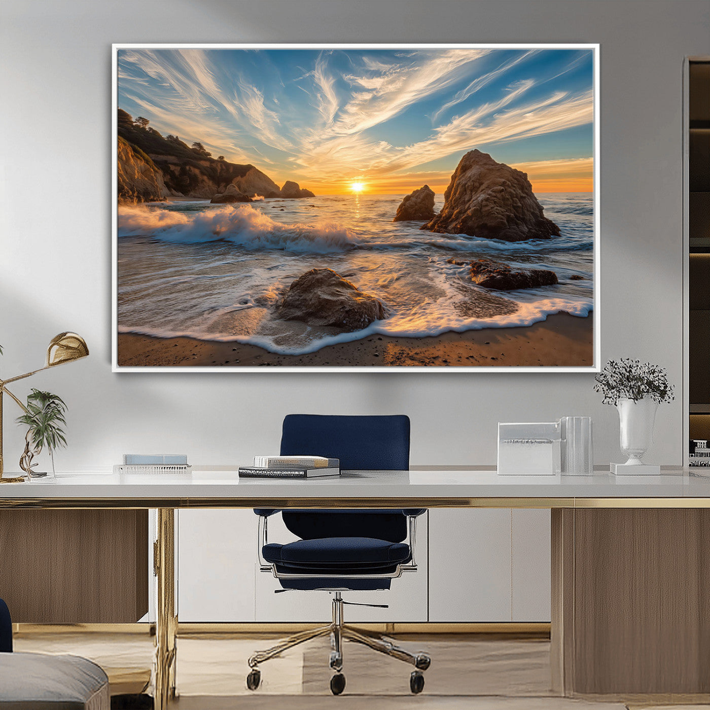 85659923-MGV-CV-36X24-Ocean Sunset Wall Art – Dramatic Seascape Canvas Print with Cliffs, Crashing Waves and Golden Sky, Bold Coastal Photography for