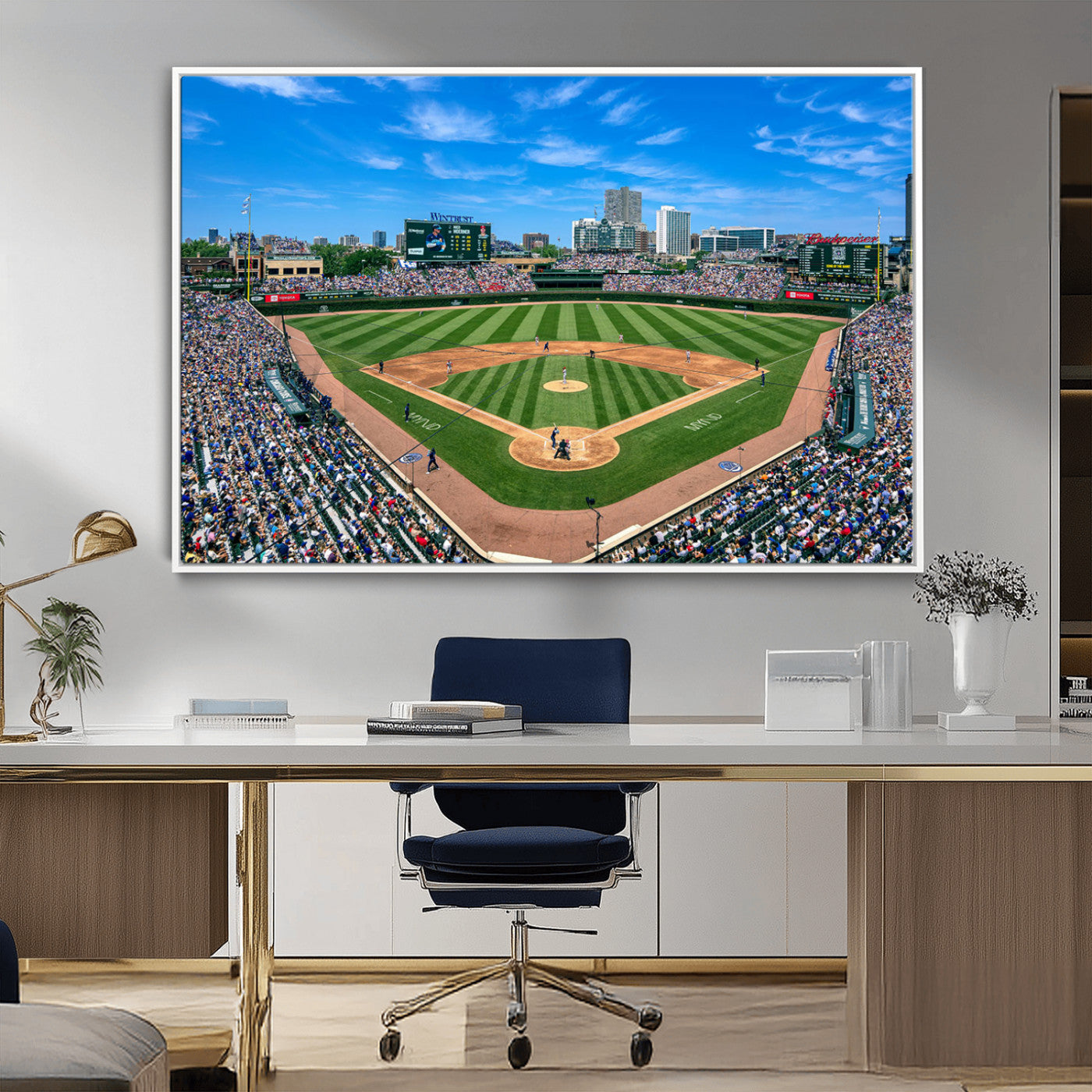 56213978-MGV-CV-36X24-Wrigley Field Baseball Stadium Canvas Wall Art – Packed Crowd Sports Stadium Print, City Skyline Baseball Field Canvas for Game