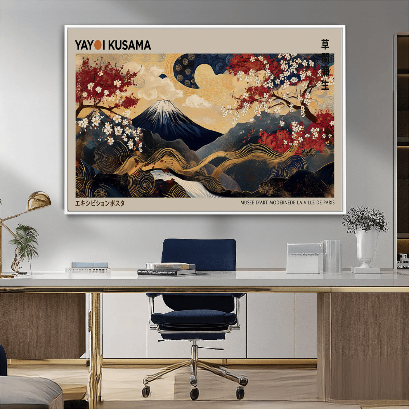 66892669-MGV-CV-36X24-Japanese Landscape Wall Art – Mount Fuji Canvas Print with Cherry Blossoms and Golden Waves, Traditional Asian Inspired Artwork