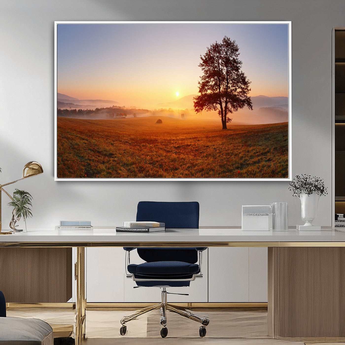 57919623-MGV-CV-36X24-Sunrise Landscape Wall Art – Golden Morning Canvas Print with Tree, Misty Hills and Open Field, Peaceful Nature Photography for