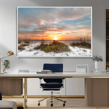 58266230-MGV-CV-36X24-Beach Sunset Wall Art – Coastal Canvas Print with Sandy Dunes, Sea Grass and Golden Sky, Serene Ocean Landscape Photography for