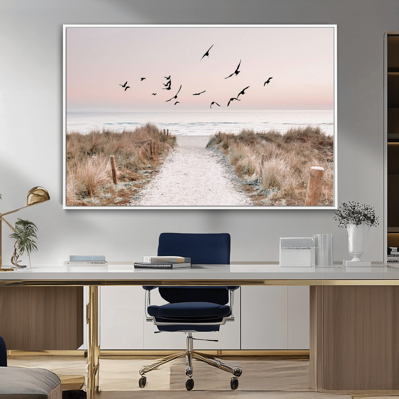 34632598-MGV-CV-36X24-Beach Pathway Wall Art – Coastal Canvas Print with Sandy Trail, Flying Birds and Pastel Sky, Serene Ocean Landscape Photography