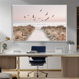 34632598-MGV-CV-36X24-Beach Pathway Wall Art – Coastal Canvas Print with Sandy Trail, Flying Birds and Pastel Sky, Serene Ocean Landscape Photography