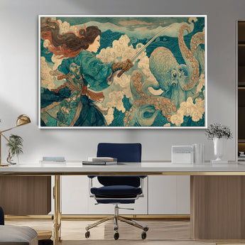 37943964-MGV-CV-36X24-Samurai Warrior vs Octopus Wall Art – Japanese Ukiyo-e Style Canvas Print, Ocean Battle Scene Artwork for Living Room, Office, Man