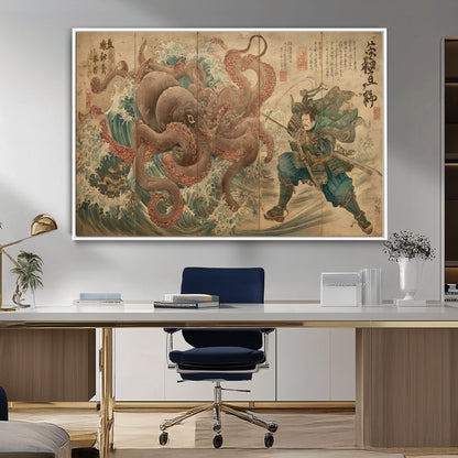 63782167-MGV-CV-36X24-Tsukioka Yoshitoshi Samurai Wall Art Print, Japanese Katana Warrior Canvas Wall Art, Octopus Sea Monster Canvas Print,