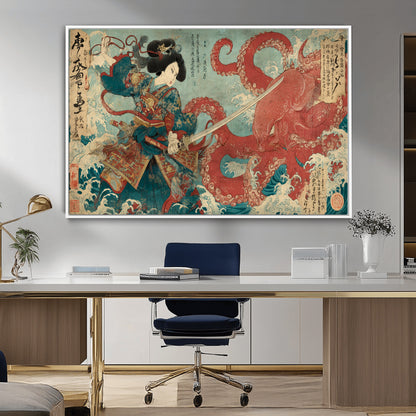 68844327-MGV-CV-36X24-Tsukioka Yoshitoshi Samurai Wall Art Print, Japanese Katana Warrior Canvas Wall Art, Octopus Sea Monster Canvas Print,