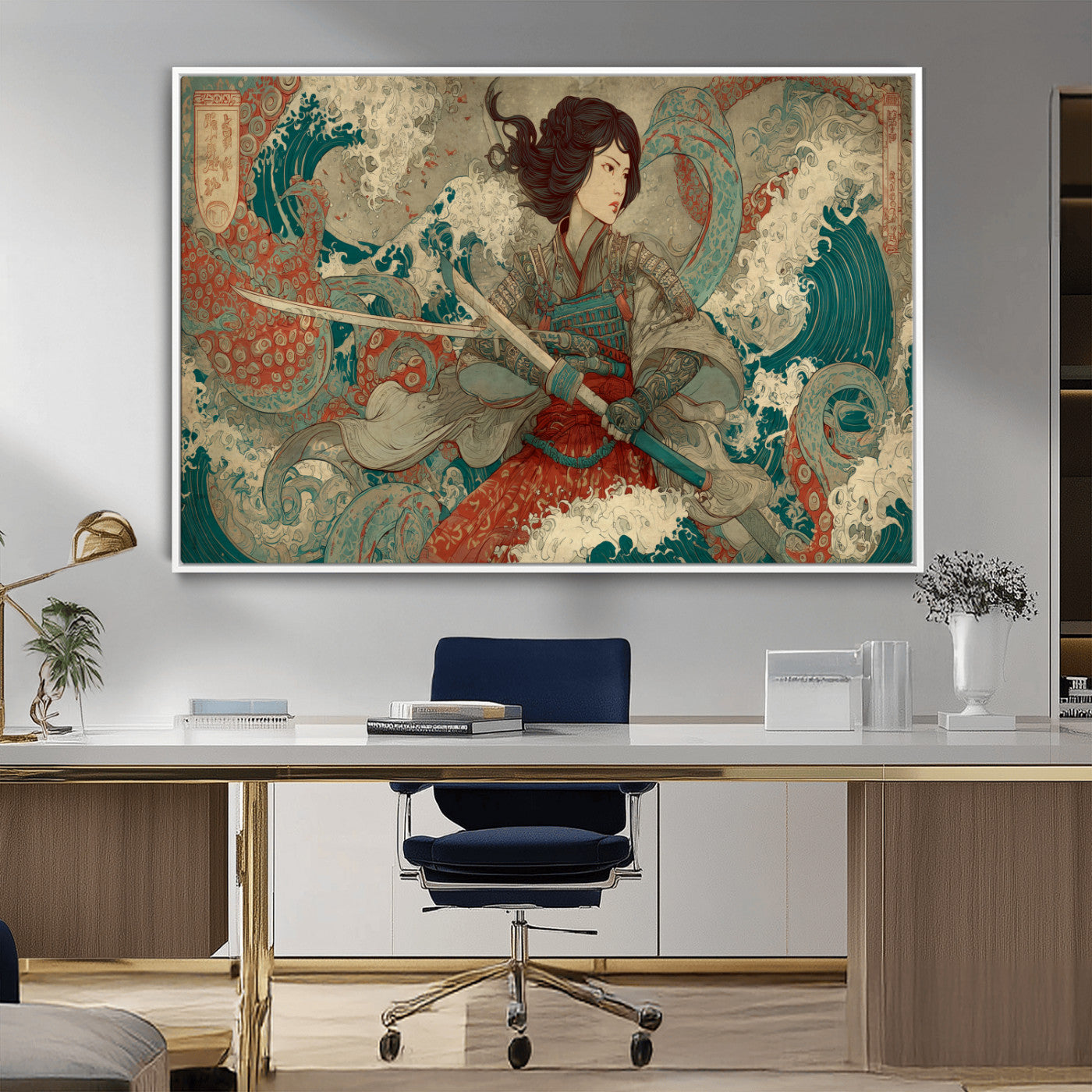 63377977-MGV-CV-36X24-Tsukioka Yoshitoshi Samurai Wall Art Print, Japanese Katana Warrior Canvas Wall Art, Octopus Sea Monster Canvas Print,