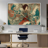 63377977-MGV-CV-36X24-Tsukioka Yoshitoshi Samurai Wall Art Print, Japanese Katana Warrior Canvas Wall Art, Octopus Sea Monster Canvas Print,