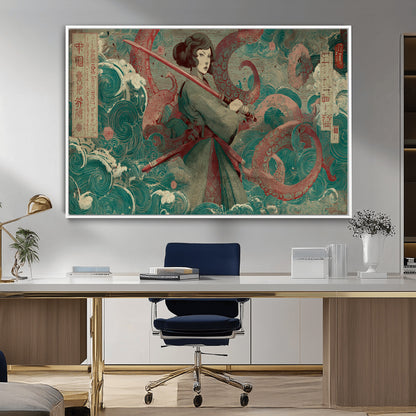91666601-MGV-CV-36X24-Samurai Woman vs Octopus Wall Art – Japanese Ukiyo-e Green Robe Canvas Print, Ocean Battle Artwork for Living Room, Office, Man