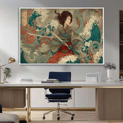 37797255-MGV-CV-36X24-Samurai Woman vs Octopus Wall Art – Japanese Ukiyo-e Red Armor Ocean Battle Canvas Print, Warrior Artwork for Living Room, Office,