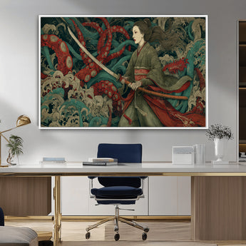18902796-MGV-CV-36X24-Samurai Woman vs Octopus Wall Art – Japanese Ukiyo-e Green Kimono Canvas Print, Ocean Battle Scene Artwork for Living Room,