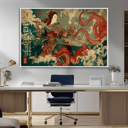 60201267-MGV-CV-36X24-Samurai Woman vs Octopus Wall Art – Japanese Ukiyo-e Armor Canvas Print, Red Tentacle Ocean Battle Artwork for Living Room,