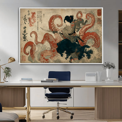 82737246-MGV-CV-36X24-Samurai Woman vs Octopus Wall Art – Japanese Ukiyo-e Dual Sword Canvas Print, Red Tentacle Ocean Battle Artwork for Living Room,