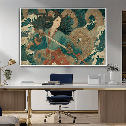 79740258-MGV-CV-36X24-Tsukioka Yoshitoshi Samurai Wall Art Print, Japanese Katana Warrior Canvas Wall Art, Octopus Sea Monster Canvas Print,