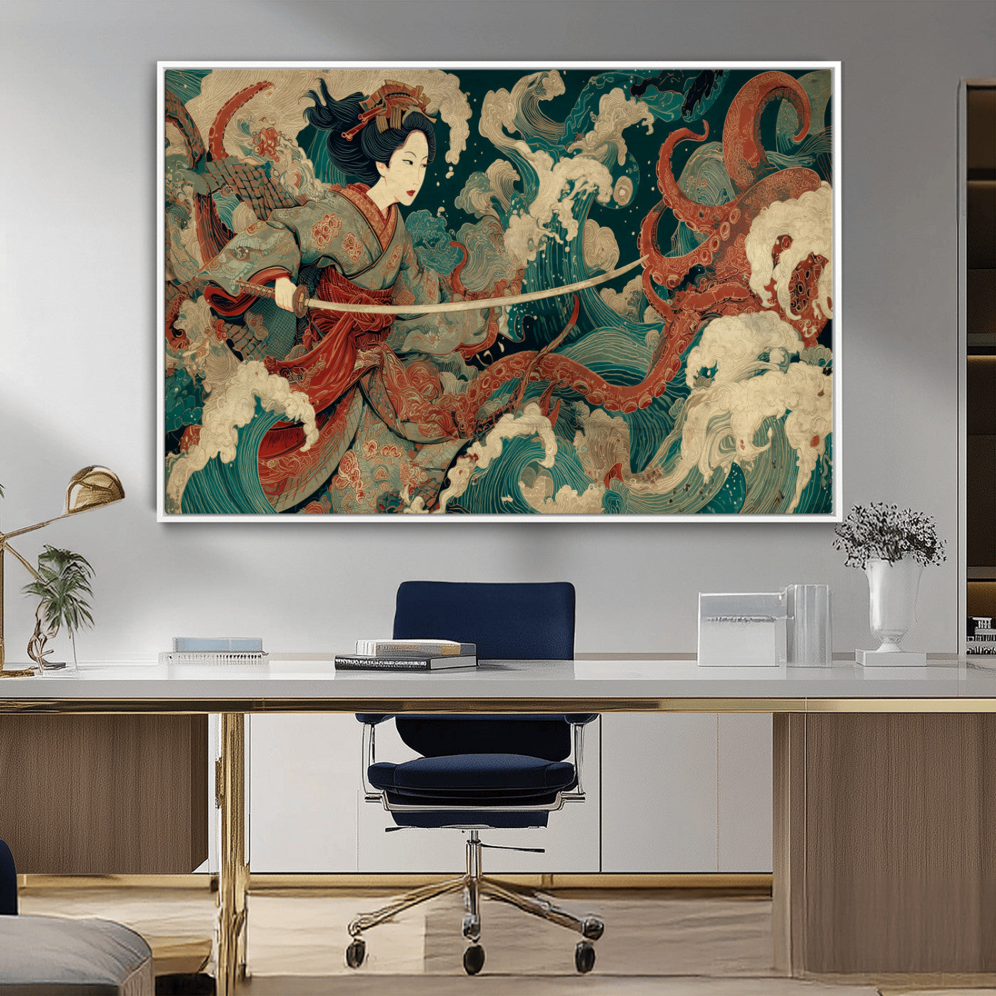 30212982-MGV-CV-36X24-Samurai Woman vs Octopus Wall Art – Japanese Ukiyo-e Style Warrior and Sea Monster Canvas Print, Mythology Inspired Artwork for