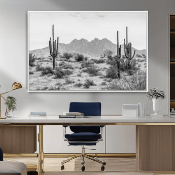 97436PHN-MGV-CV-36X24-Desert Landscape Wall Art – Black and White Cactus and Mountain Canvas Print, Southwestern Nature Photography for Living Room,