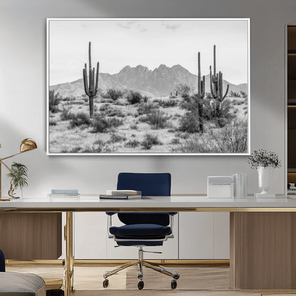 97436PHN-MGV-CV-36X24-Desert Landscape Wall Art – Black and White Cactus and Mountain Canvas Print, Southwestern Nature Photography for Living Room,