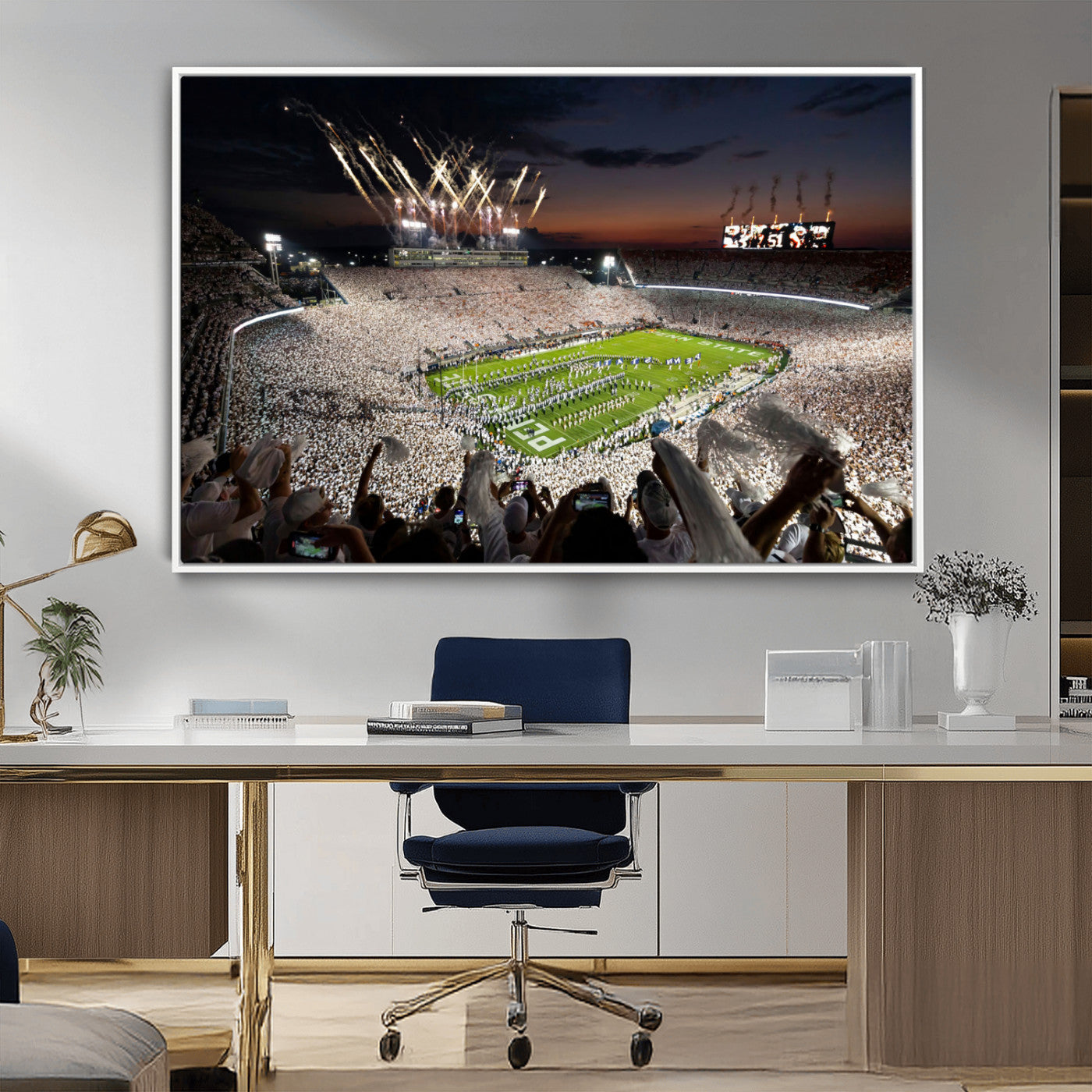 Penn-MGV-CV-36X24-Football Stadium Wall Art – Panoramic Night Game Canvas Print, Packed Crowd with Fireworks, Sports Decor for Office, Man Cave, Bar