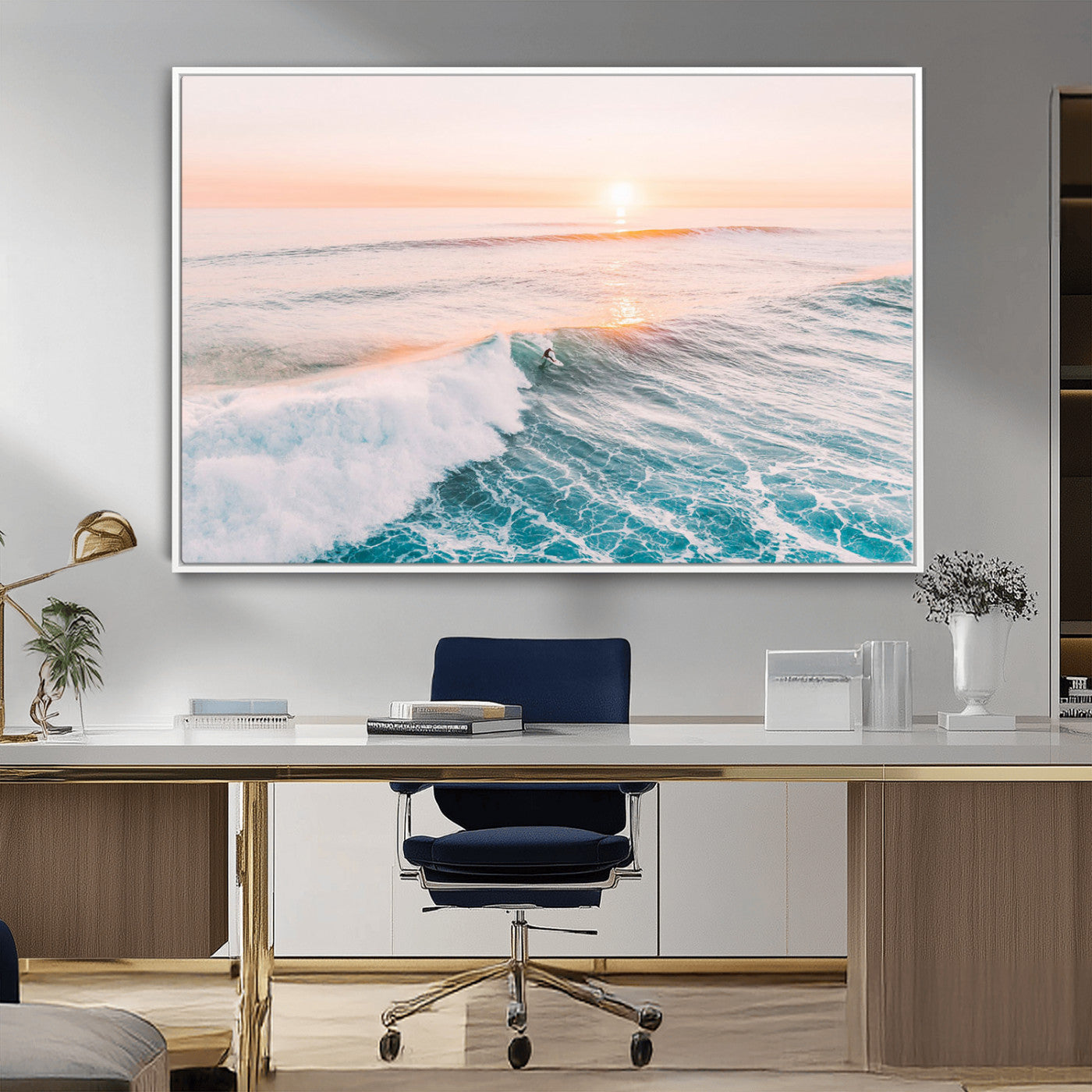 34064591-MGV-CV-36X24-Surfing Wall Art – Sunset Ocean Wave Canvas Print, Surfer Riding Sea Photography Decor for Bedroom, Living Room, Office, Coastal